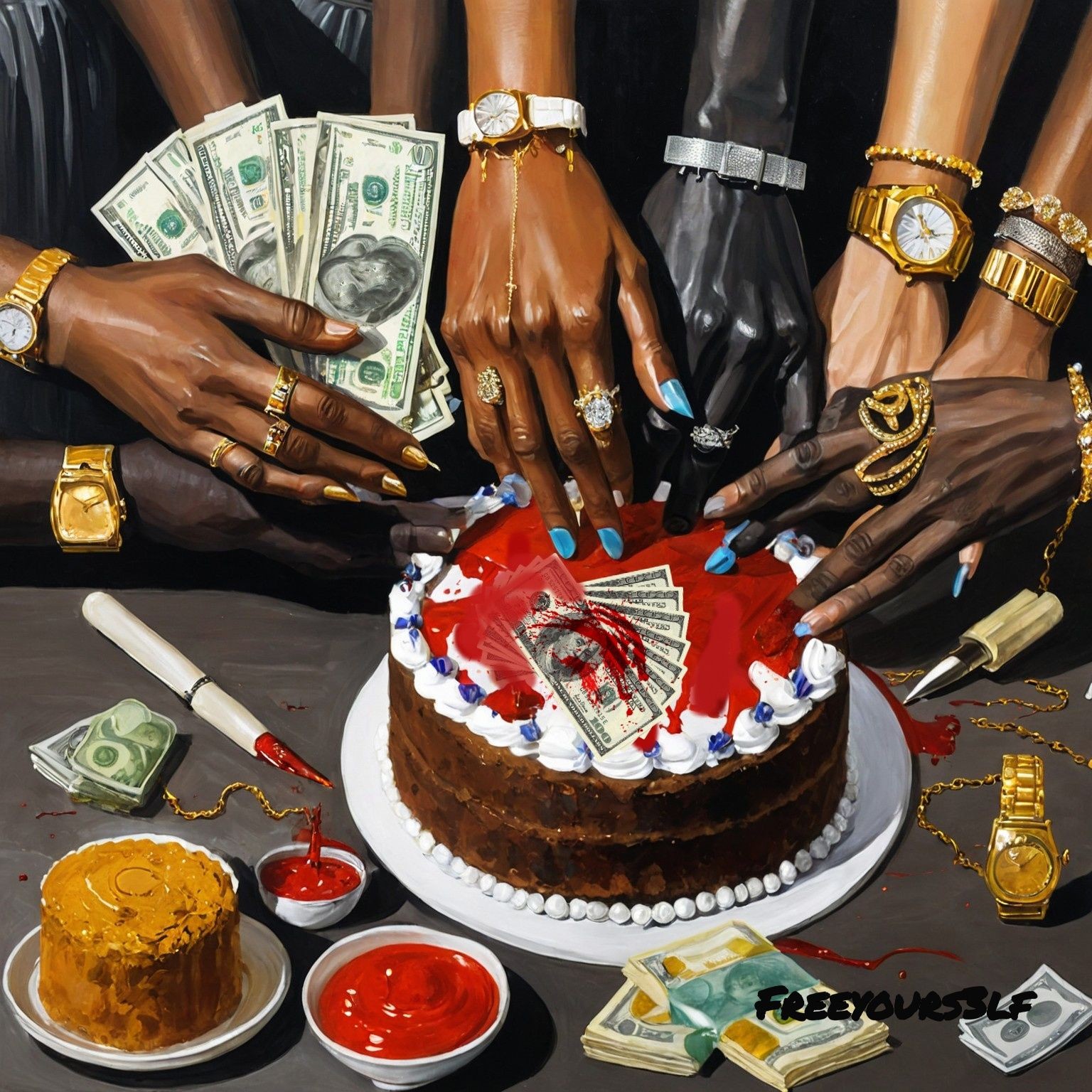 A powerful and thought-provoking artwork titled Greedy Hands, depicting multiple hands adorned with gold jewelry and luxury watches reaching towards a blood-splattered cake with cash on top. This image represents the greed and moral corruption in the pursuit of wealth. Perfect for discussions on consumerism, materialism, and societal decay.