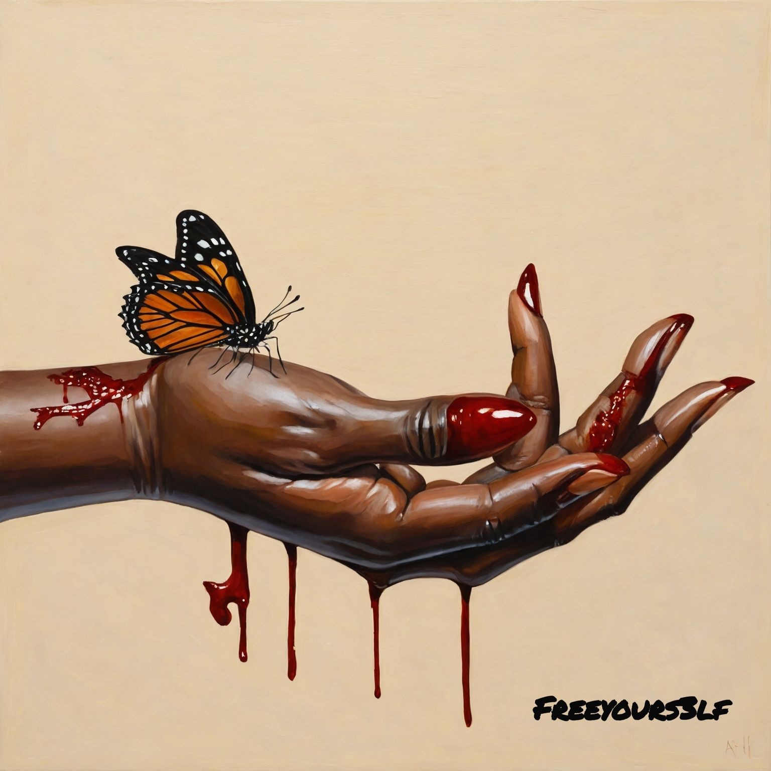 In Bleeding Peace, a striking image of a Black woman's hand, dripping blood, as a delicate butterfly perches on it. This artwork symbolizes the fragility of peace and the pain endured to maintain it. An evocative piece that speaks to themes of resilience, sacrifice, and the beauty within struggle.